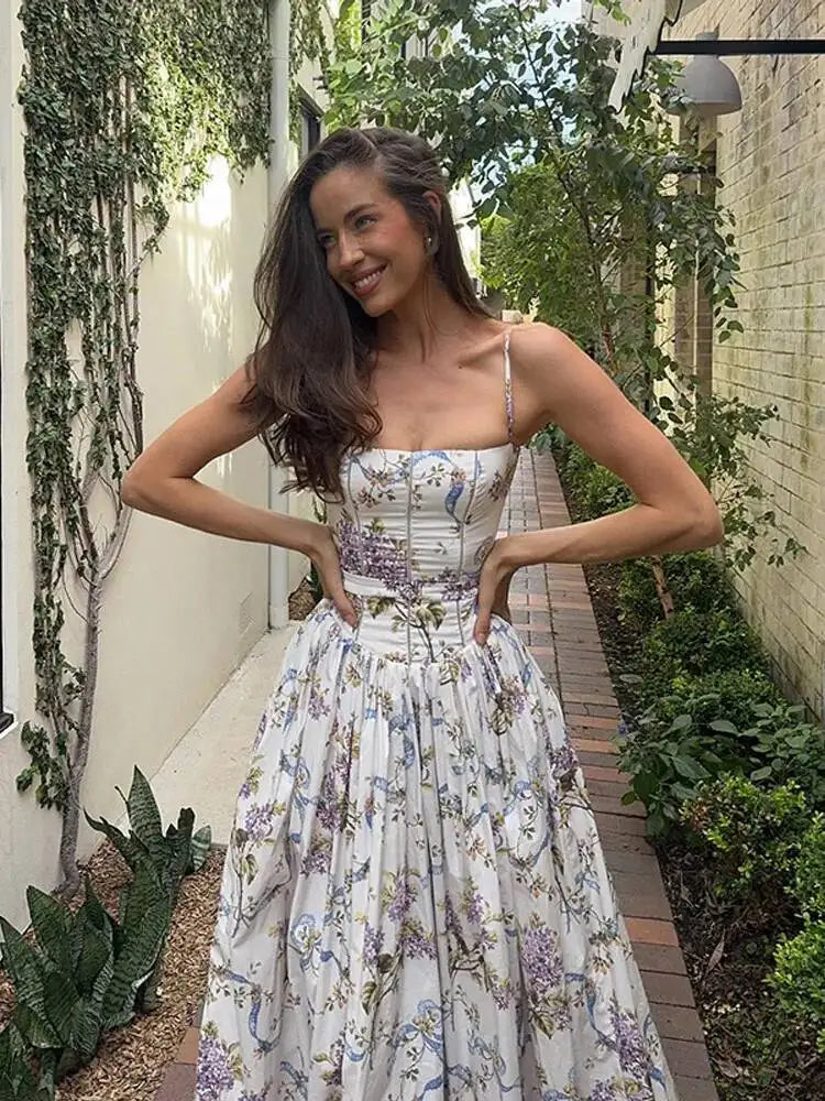Chic Flower Print A-line Maxi Dress Women Elegant High Waist Strapless Backless Slim Vestidos Lady Summer Vacation Robes LIX8