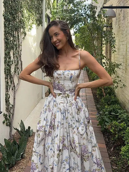 Chic Flower Print A-line Maxi Dress Women Elegant High Waist Strapless Backless Slim Vestidos Lady Summer Vacation Robes LIX8