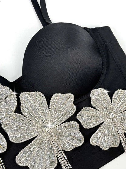 Fashion Women Diamonds Embroidery Flowers Tassel Bustier Corset Crop Tops To Wear suspender vest