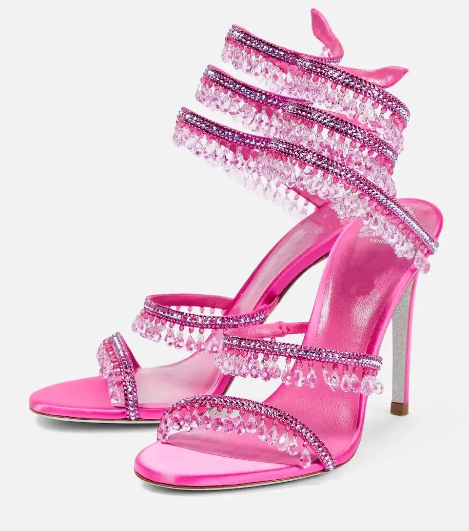 2024Women's New Water Diamond Sandals Fashion Tassel Crystal Shoes Sexy Banquet Party Twin Stiletto Women's Large Sandals
