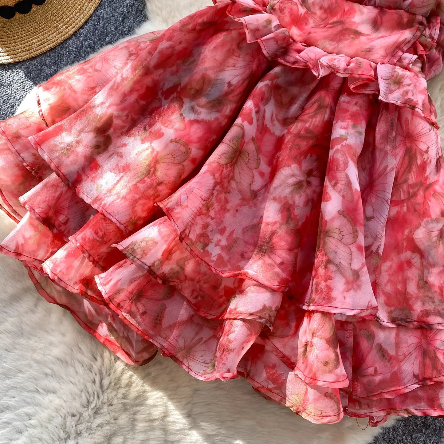 SINGREINY Holiday Print Flowy Birthday Dress Women Strap Butterfly Vacation Cake Sundress Organza Luxury Party Short Dress