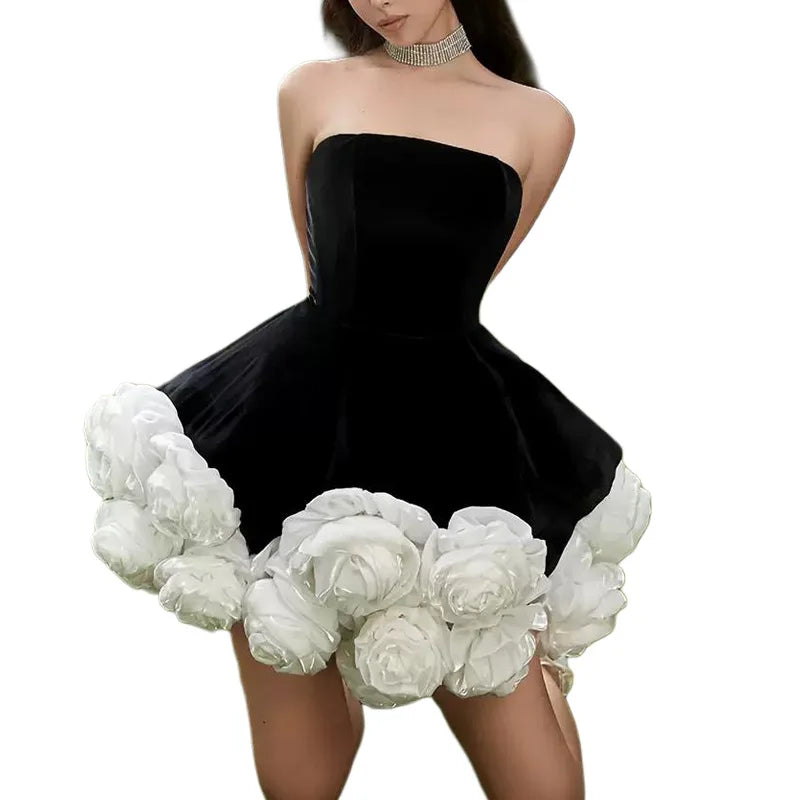 SuperAen Korean Style Party Dress for Women Summer 2025 New Black Three-dimensional Decoration Rose Elegant Strapless Dress