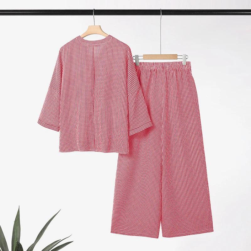 Women Pants Sets ZANZEA Fashion Summer 2 Piece Sets Plaid Outfits Casual Half Sleeve Blouse Wide Leg Trousers Street Tracksuit