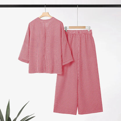 Women Pants Sets ZANZEA Fashion Summer 2 Piece Sets Plaid Outfits Casual Half Sleeve Blouse Wide Leg Trousers Street Tracksuit