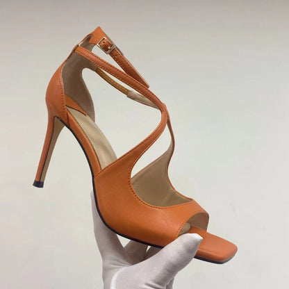 2026Ladies' Summer New Fashionable High-heeled Open Toed Sandals Square Toe Party Sexy 34-43Large Women's Shoes