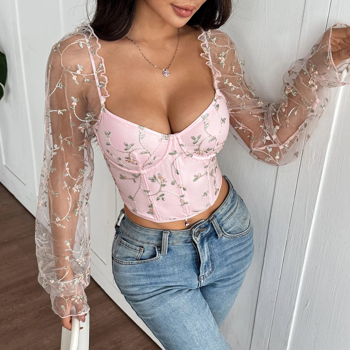 Sexy Spicy Girl Mesh Long Sleeve Corsets Shaper Flower Embroidery Bustiers Fishbone Slim Fit Fashion Versatile Women Corset Top