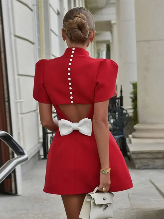Fashion Back Single Breasted Hollow Out Bow Mini Dress Elegant Solid High Waist A Line Short Dresses 2024 New Lady Party Gowns