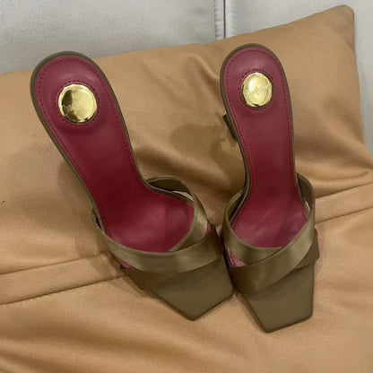 New 2026 Women's Fashionable Silk Satin Cross Band Metal Letter Heel Square Head High Heel Sandals Open Toe Stylish Pointed Toe