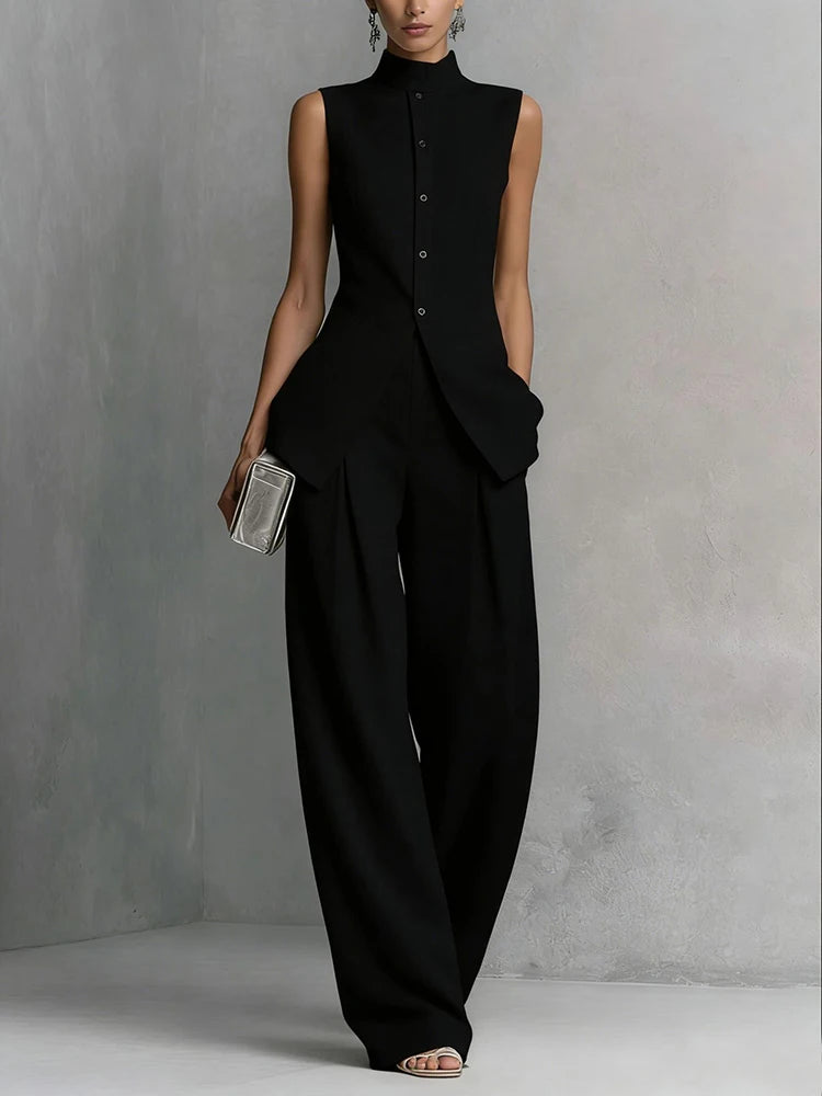 Women's Summer Stand Collar Sleeveless Single-Breasted Cardigan Top with Wide Leg Pants 2PCS Set Solid Holiday Outfit Streetwear