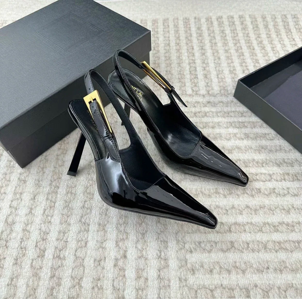 Black Pointed Toe High Heels Thin Heel Metal Cap Sandals Women's Shoes Elegant Painted Leather Sexy Fine Heel New 2025