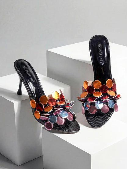 Floral High Heel Open Toe Sandals Women's Versatile Casual Slip-On Shoes Fashionable European Style round Toe Rubber Outsole