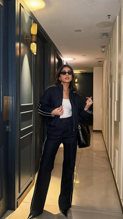 KONDALA Women High Street Denim Set Spring Fall Trendy Side Stripe Stand Collar Zipper Jacket Lace-up Pant 2026 Casual Pants Set