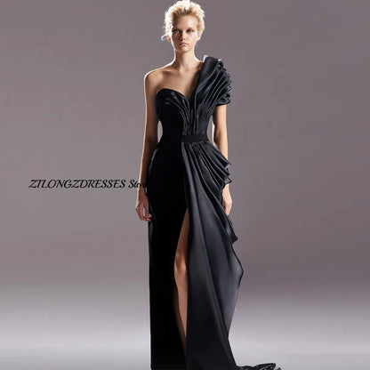 Elegant Black One Shoulder Customized Evening Dress Formal High Split Zipper Back Homecoming Dresses Special Occasion Gowns