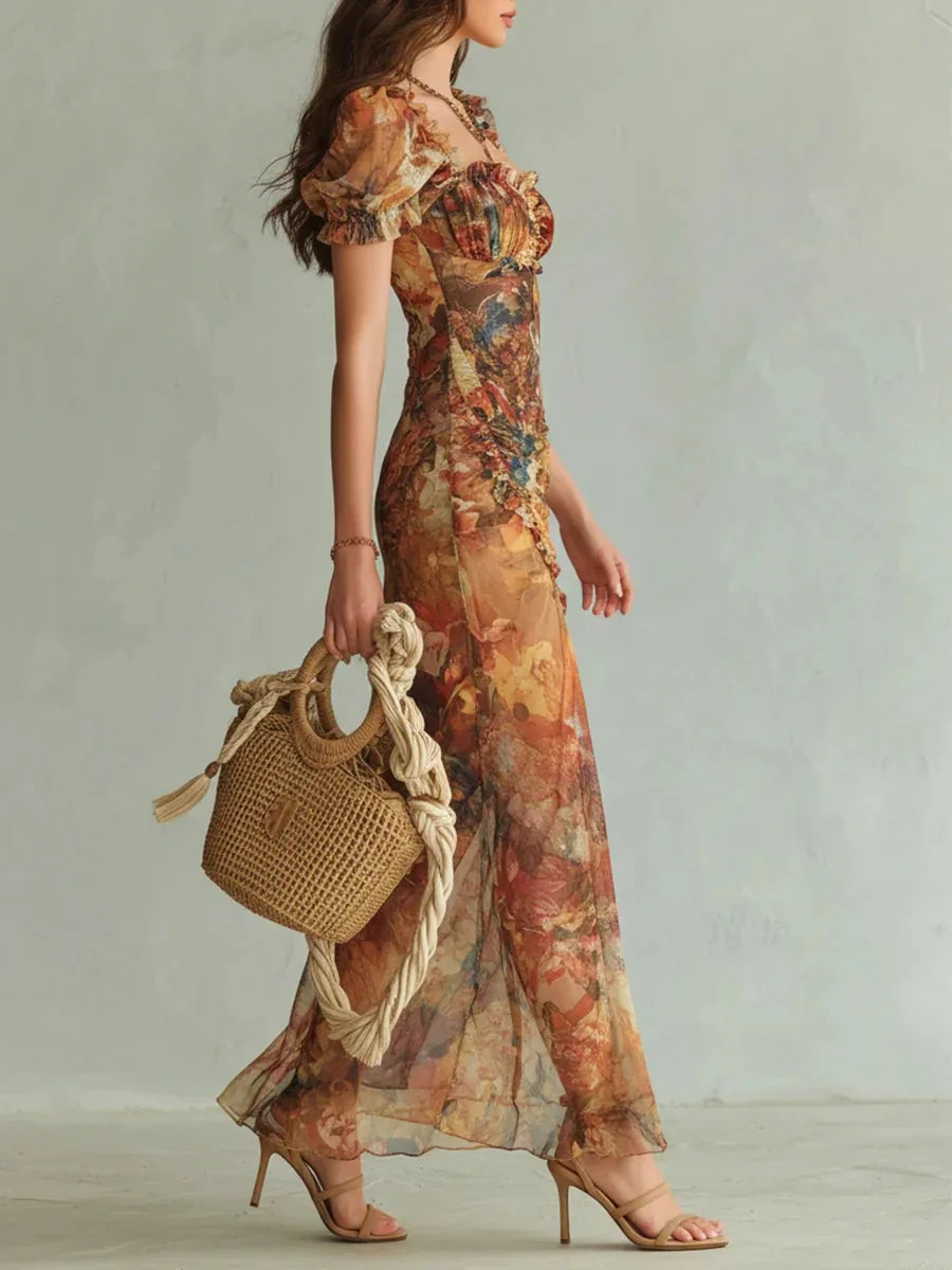 2026 Spring New Women V Neck Print Waist Cinched Ruffle Trim Loose Temperament Versatile Long Dress Fashion Vacation Style Dress