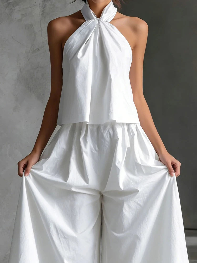 2026 Women Summer Casual Holiday Halter Sleeveless Pullover Top with Wide Leg Pants Two-Piece Set Backless Patchwork Chic Outfit