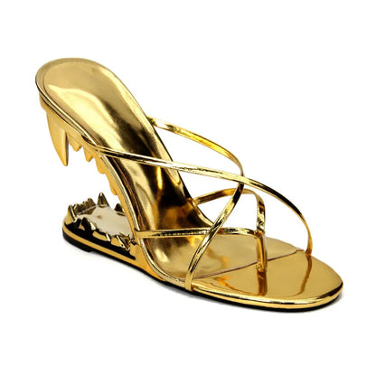 2026 Big Gold Chain Peep Toe Tiger Teeth Heel Sandals 2024 New Fashion Silvery Beach Party Outdoors Women's Slippers Size 35-43