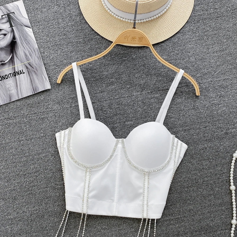 Women Chic Tassels  Pads Rhinestone Basic  Corset Straps Camis Slim  Hot Sexy Fashion Bare NavelBackless Tops Women Crop Top