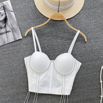 Women Chic Tassels  Pads Rhinestone Basic  Corset Straps Camis Slim  Hot Sexy Fashion Bare NavelBackless Tops Women Crop Top