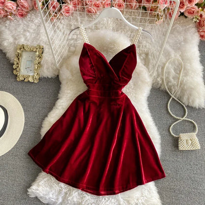 Summer Strap Dress Women Red Velvet A-line Mini Evening Dress Vintage Off Shoulder Luxury Y2K One Piece Frocks Clothes 2025 New