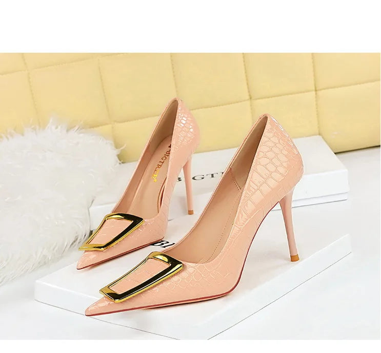 2025 BIGTREE Metal Decoration Buckle Fashion Pumps Women Elegant Snakeskin Print 10cm High Heels Party Ladies Shoes