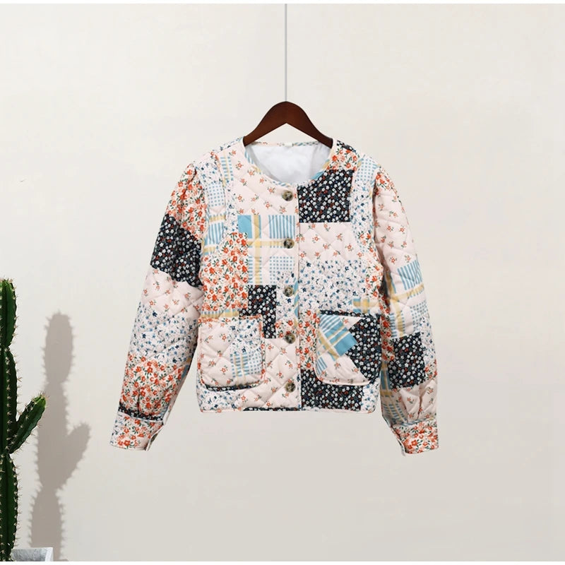 HH Floral Print Jacket For Women Autumn Quilted Reversible Cotton Coat Cardigan Long Sleeve Jackets Elegant Woman Streetwear