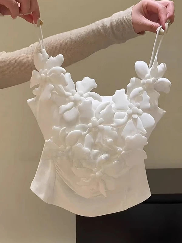 Summer New Style Women's White Strap Vest Gentle Wind 3D Flower Decoration Slim Fit Inner Wear Folded Design Outerwear Top
