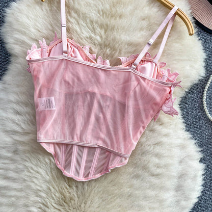 Slimming Floral Lace Crop Top Women's Summer Fashion Fishbone Design Strap Vest Breathable Short Style Sexy European Style