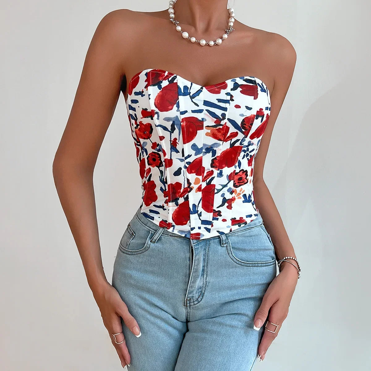 Women Floral Top Sexy Spicy Girl Tank Top Low cut Open Back Flower Wrapped Chest Diamond Fish Bone Strap Waist Vest Tank Top Y2K