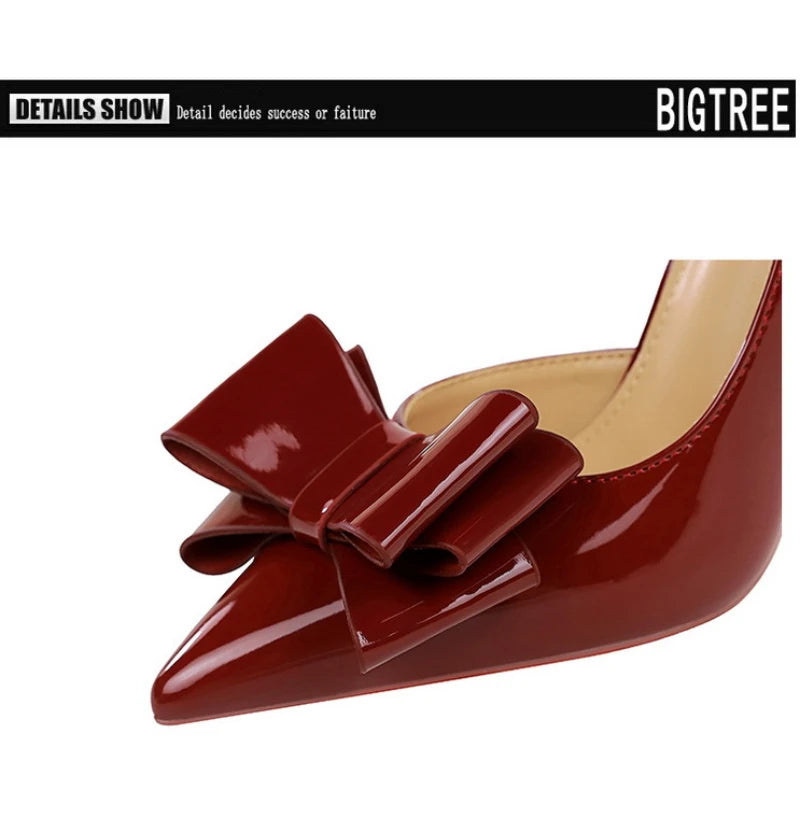 Nude Patent Leather Pointed Toe Stiletto Heel Pumps With Bow Cut Out High Heels For Wedding Party Prom Evening Formal Dress