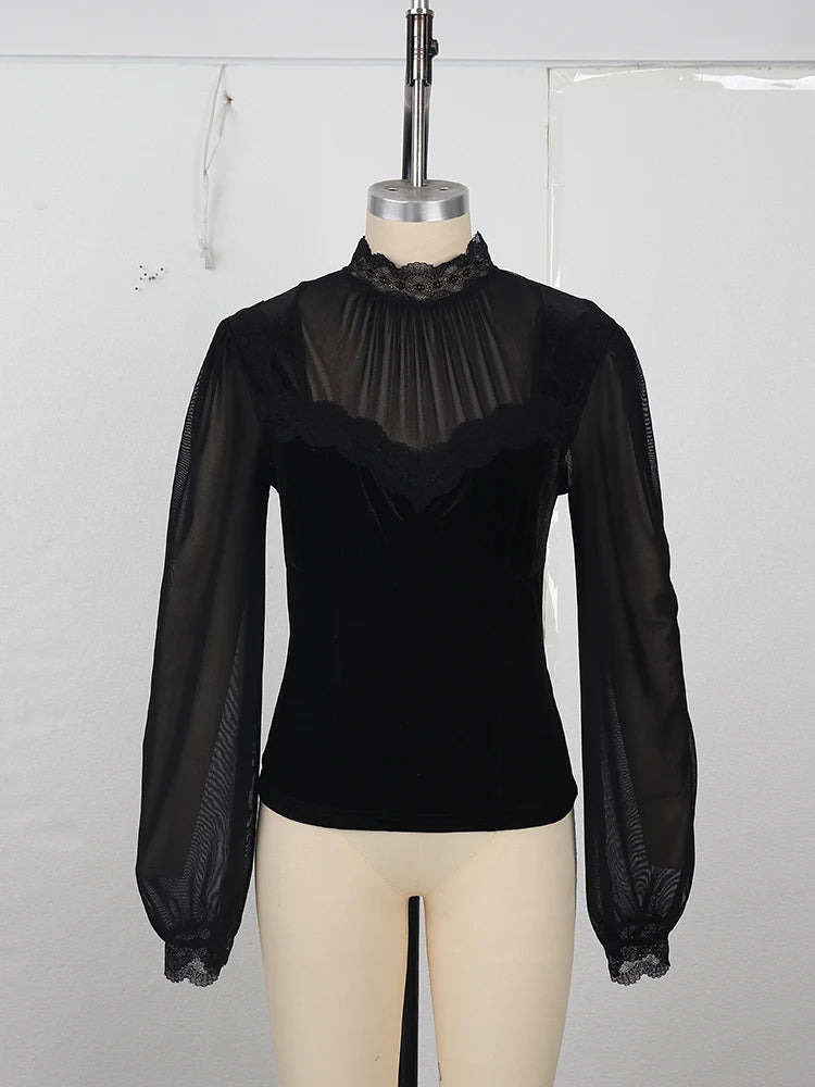 Women's Spring/Fall 2026 New Arrival Elegant Lace-Panel Cutout Bell-Sleeve Tie-Waist Top Everyday Lace-Panel Design