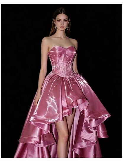 Lautaro Spring Long Luxury Sleeveless Strapless Pink RhinestoneElegant Evening Party Wedding Birthday Prom Dress for Women Dress