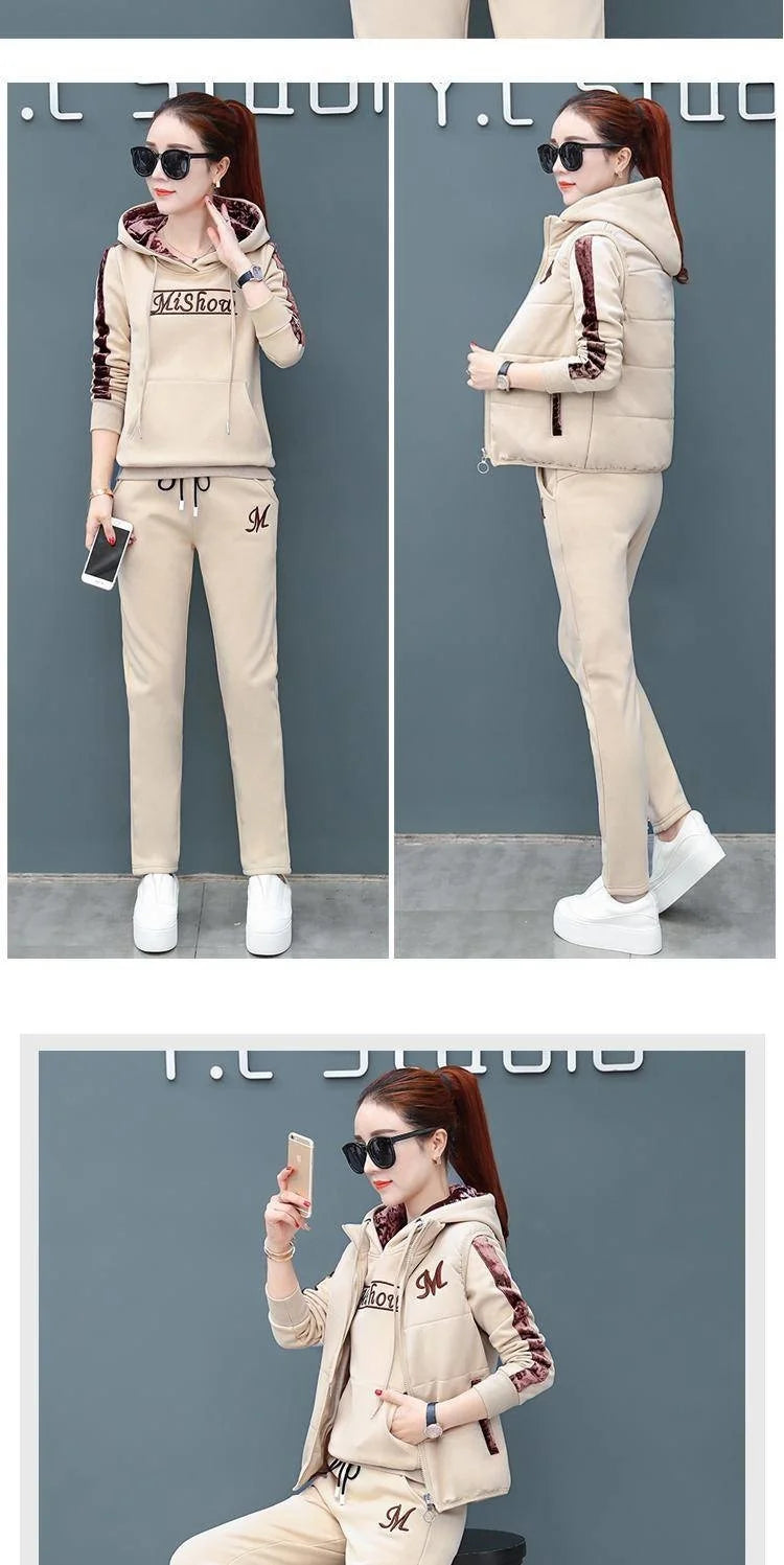 Women's Casual Fashion Autumn Winter New Sweat Suit Plush Thickened Hooded Tops and Waistcoat Pants 3 Three Piece Sets For Women