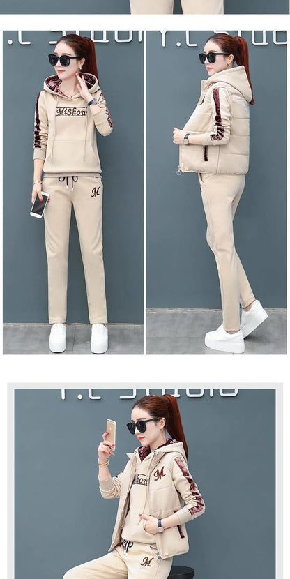 Women's Casual Fashion Autumn Winter New Sweat Suit Plush Thickened Hooded Tops and Waistcoat Pants 3 Three Piece Sets For Women