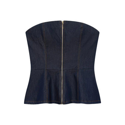 HH Women Summer Sexy Tube Top Zipper Sleeveless Short Top+Mid-Waist High Street Casual Trousers Fashion Denim 2-Piece Set