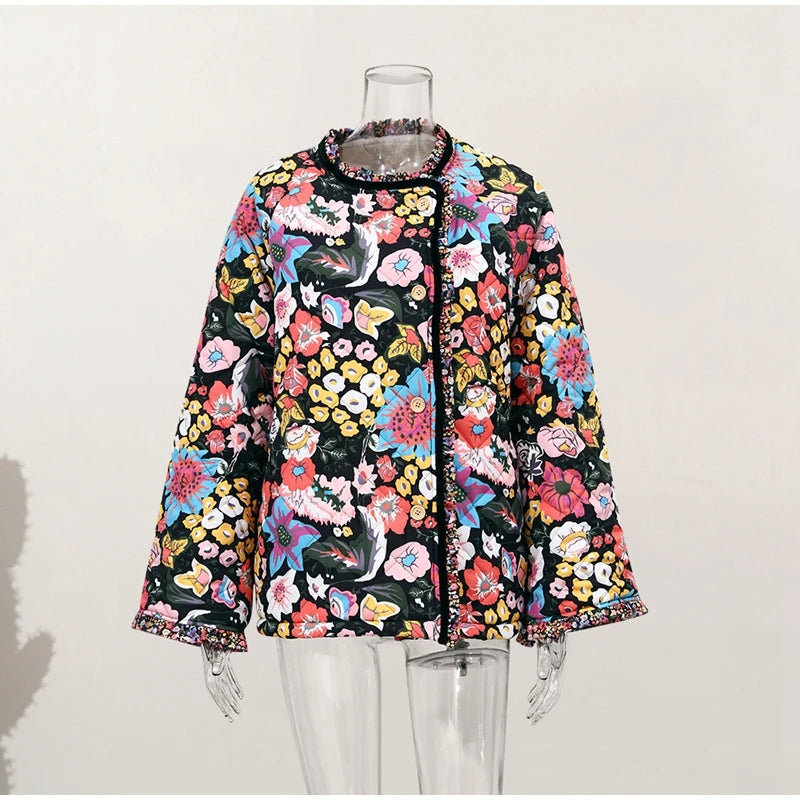 HH Floral Print Jacket For Women Autumn Quilted Reversible Cotton Coat Cardigan Long Sleeve Jackets Elegant Woman Streetwear