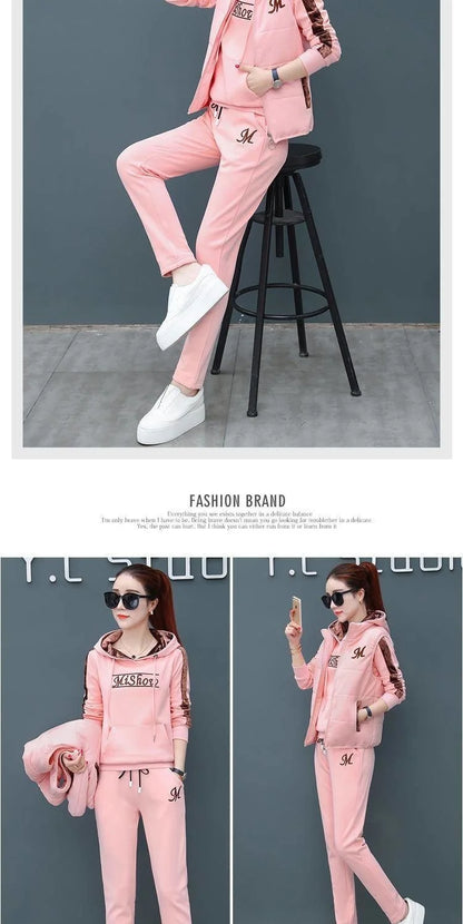 Women's Casual Fashion Autumn Winter New Sweat Suit Plush Thickened Hooded Tops and Waistcoat Pants 3 Three Piece Sets For Women