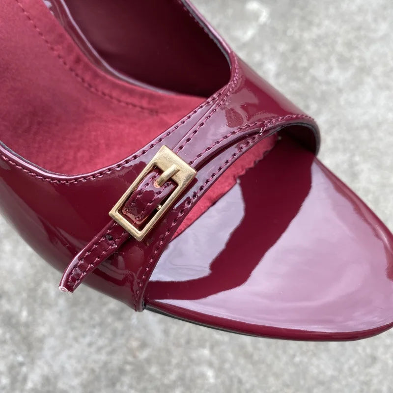 Sexy Red Patent Leather High Heels Women Summer Luxury Designer Metal Buckle Belt Back Strap Designer Sandals Sandalias Mujer