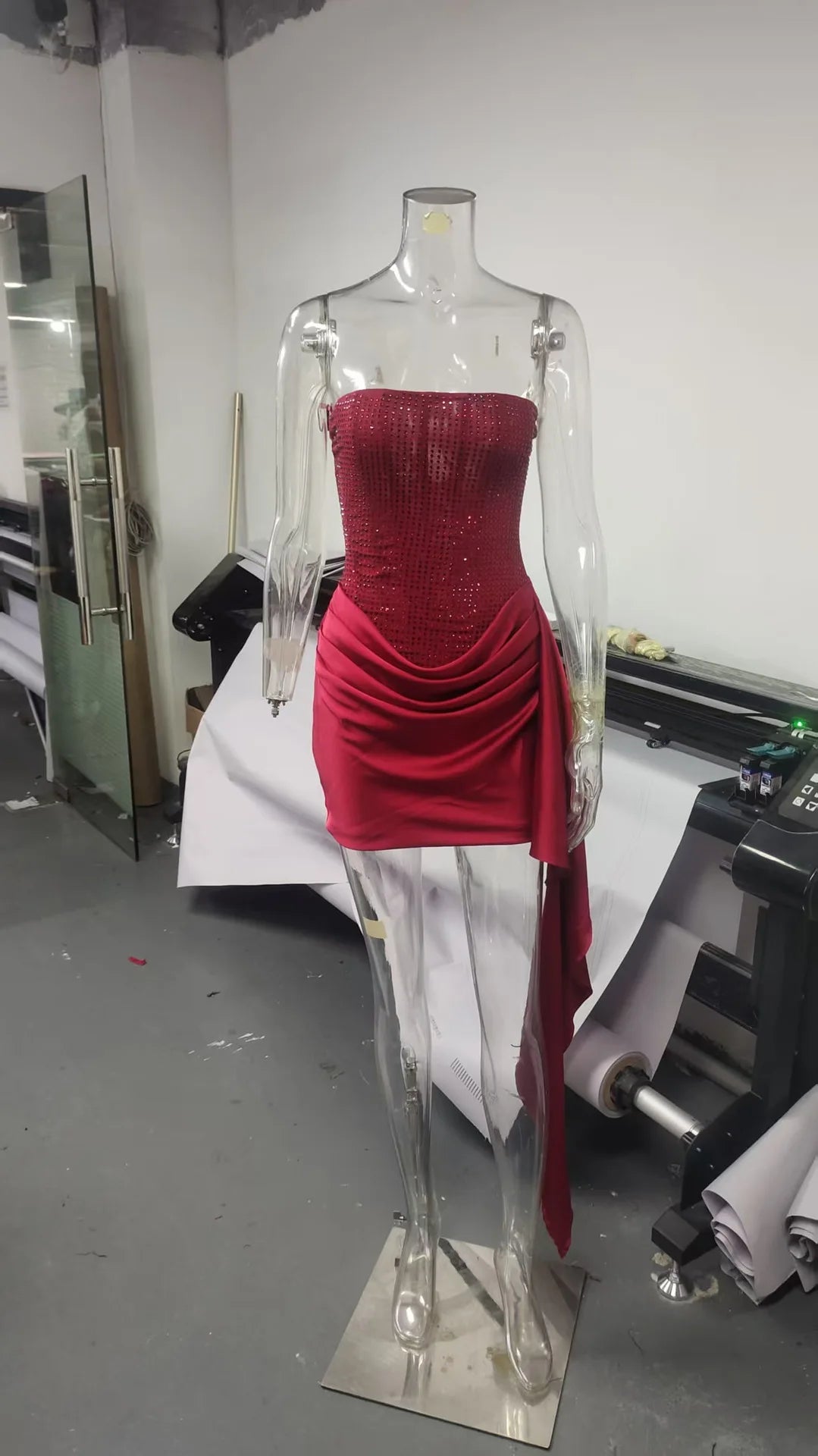 Suninheart Luxury Elegant Strapless Dress Corset Vestidos Sexy Red Satin Draped Dress Mini Women Wedding Cocktail Party Dresses