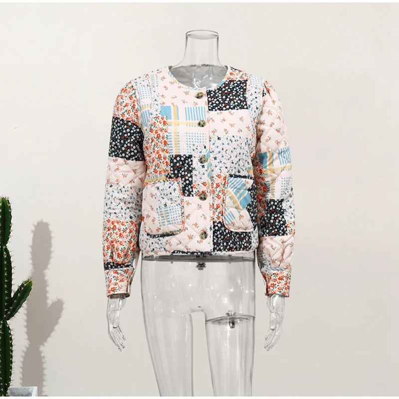 HH Floral Print Jacket For Women Autumn Quilted Reversible Cotton Coat Cardigan Long Sleeve Jackets Elegant Woman Streetwear