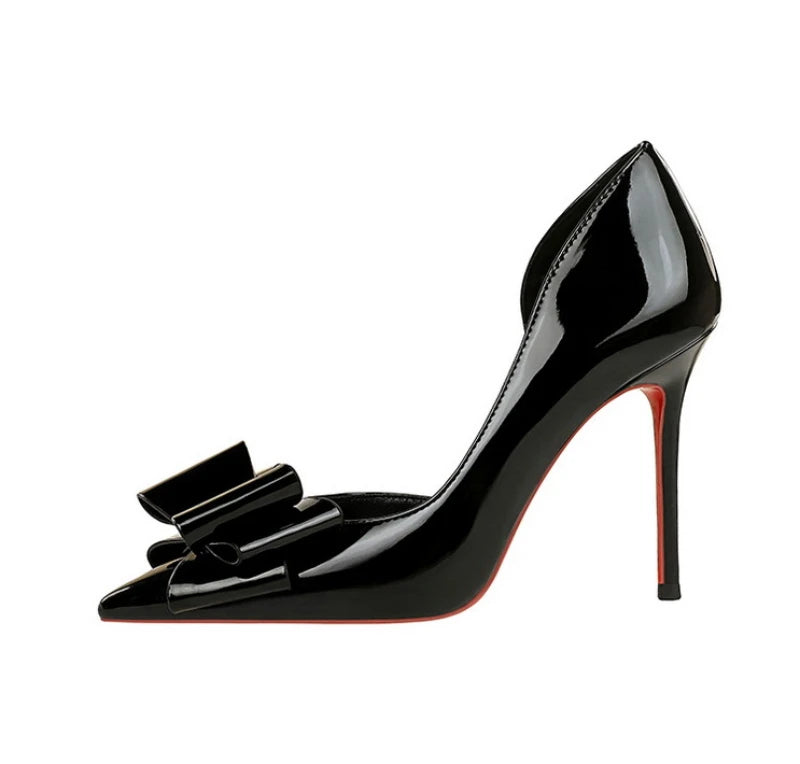 Nude Patent Leather Pointed Toe Stiletto Heel Pumps With Bow Cut Out High Heels For Wedding Party Prom Evening Formal Dress