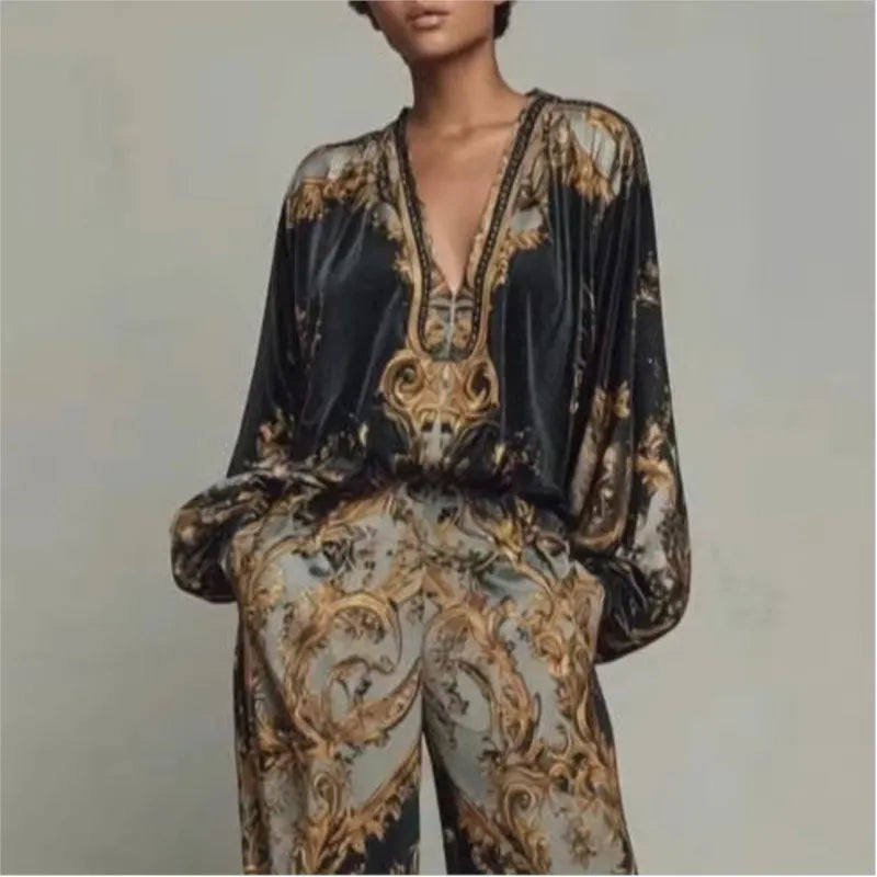 Vintage Printed Two-piece Set Women's Fashion V-neck Loose Long Sleeved Top Wide Leg Pants Suit Ladies Foreign Style Streetwear