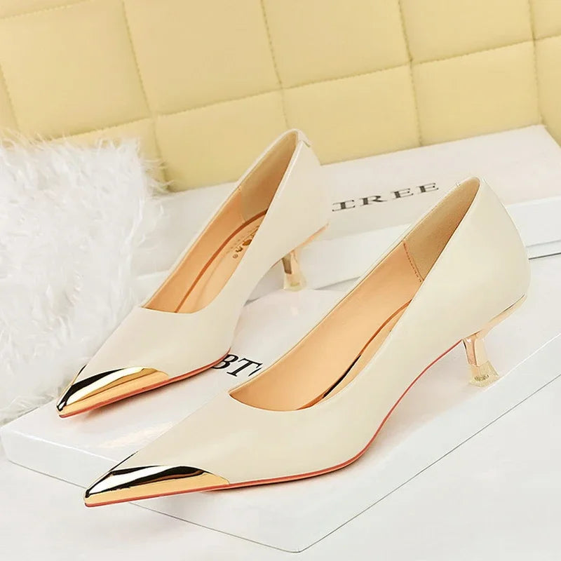 BIGTREE Retro Shallow Metal Pointed Toe High Heels Women Pumps  Stripper Elegant Party Thin Low Heels Black Heels Shoes
