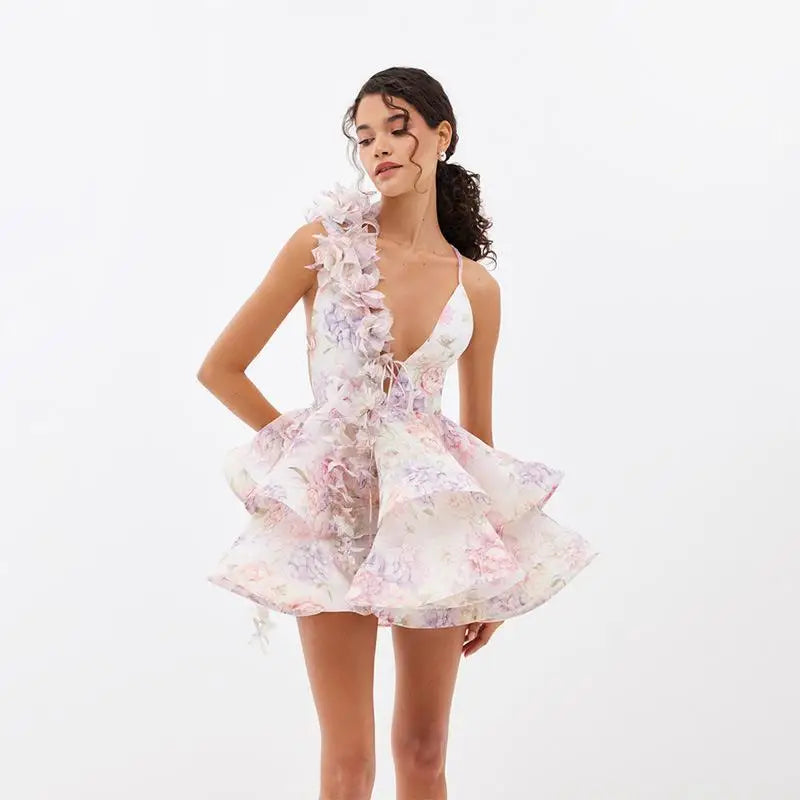 Floral Print Fuffy Short Dress Lace Up Slim Fit Strap Gown 3D Flower Bud Skirt Hemline Halter Backless Beach Suspender Dresses
