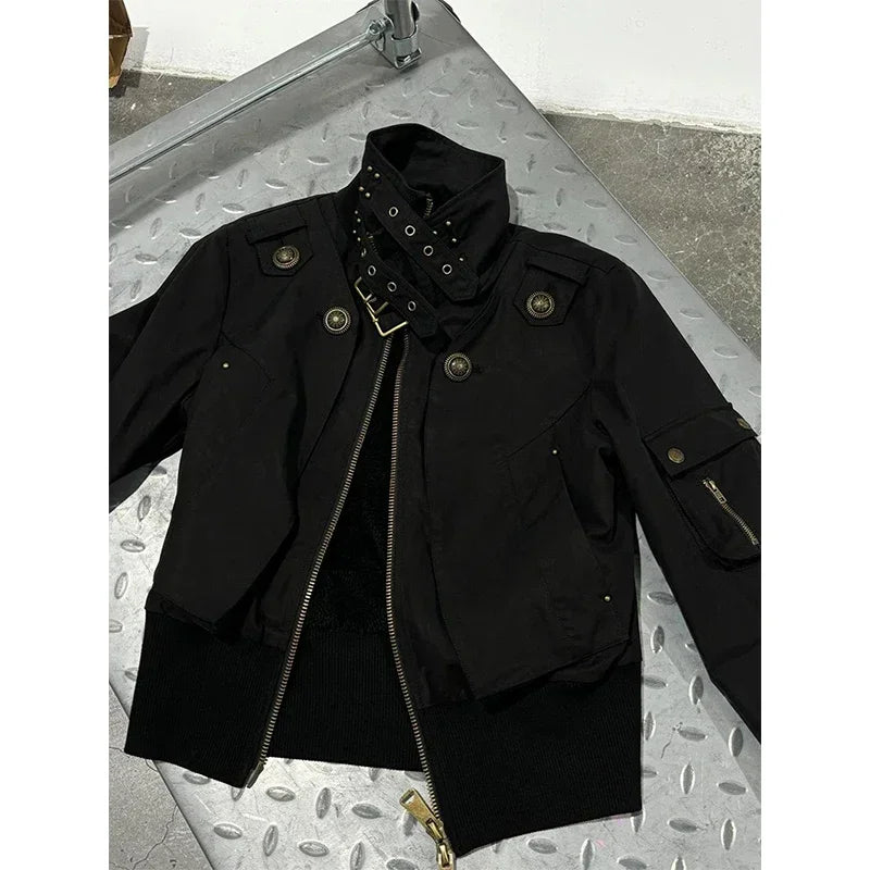 MEXZT Y2K Cropped Black Jacket Women Harajuku Vintage Stand Collar Coat Autumn Streetwear Grunge Long Sleeve Zipper Outerwears