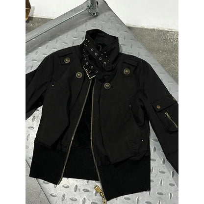 MEXZT Y2K Cropped Black Jacket Women Harajuku Vintage Stand Collar Coat Autumn Streetwear Grunge Long Sleeve Zipper Outerwears