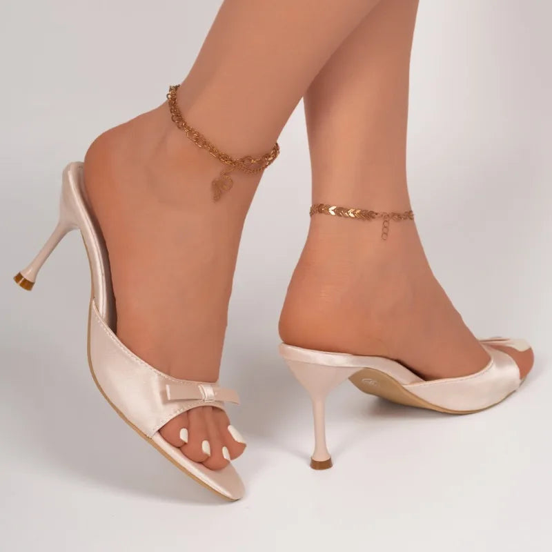 Designer Thin High Heel Summer Women Slippers Fashion Satin Butterfly-knot Dress Slides Ladies Sexy Stripper Party Sandals