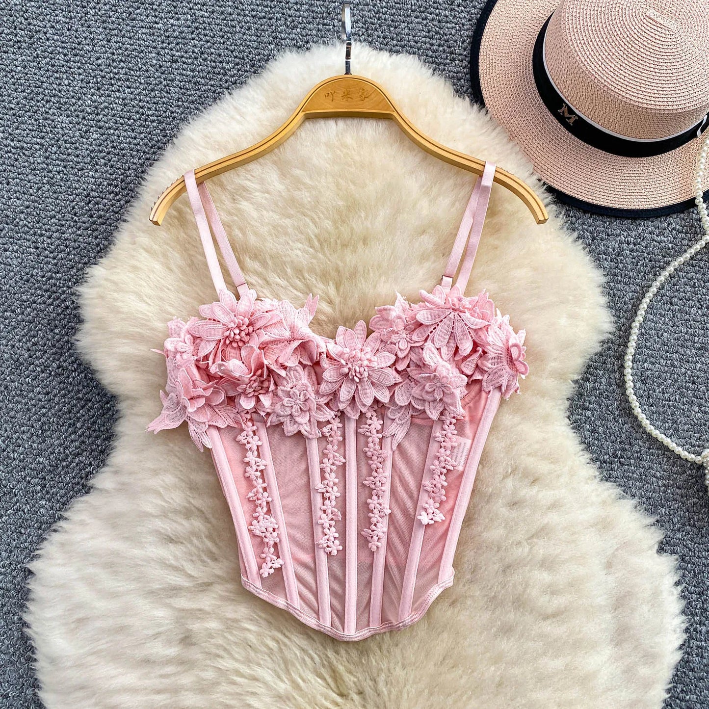 Slimming Floral Lace Crop Top Women's Summer Fashion Fishbone Design Strap Vest Breathable Short Style Sexy European Style
