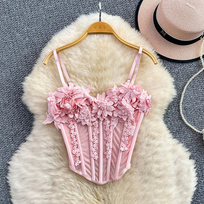 Slimming Floral Lace Crop Top Women's Summer Fashion Fishbone Design Strap Vest Breathable Short Style Sexy European Style