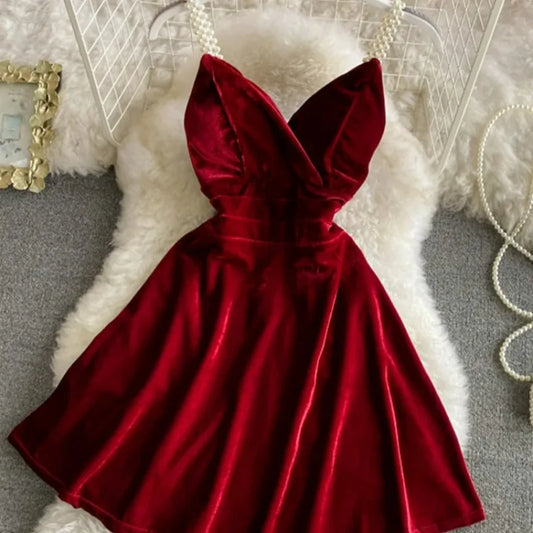 Summer Strap Dress Women Red Velvet A-line Mini Evening Dress Vintage Off Shoulder Luxury Y2K One Piece Frocks Clothes 2025 New