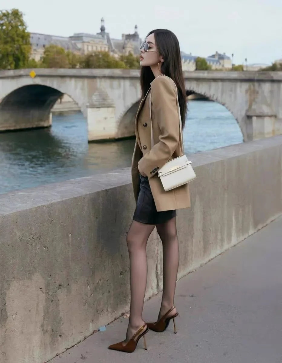 Black Pointed Toe High Heels Thin Heel Metal Cap Sandals Women's Shoes Elegant Painted Leather Sexy Fine Heel New 2025